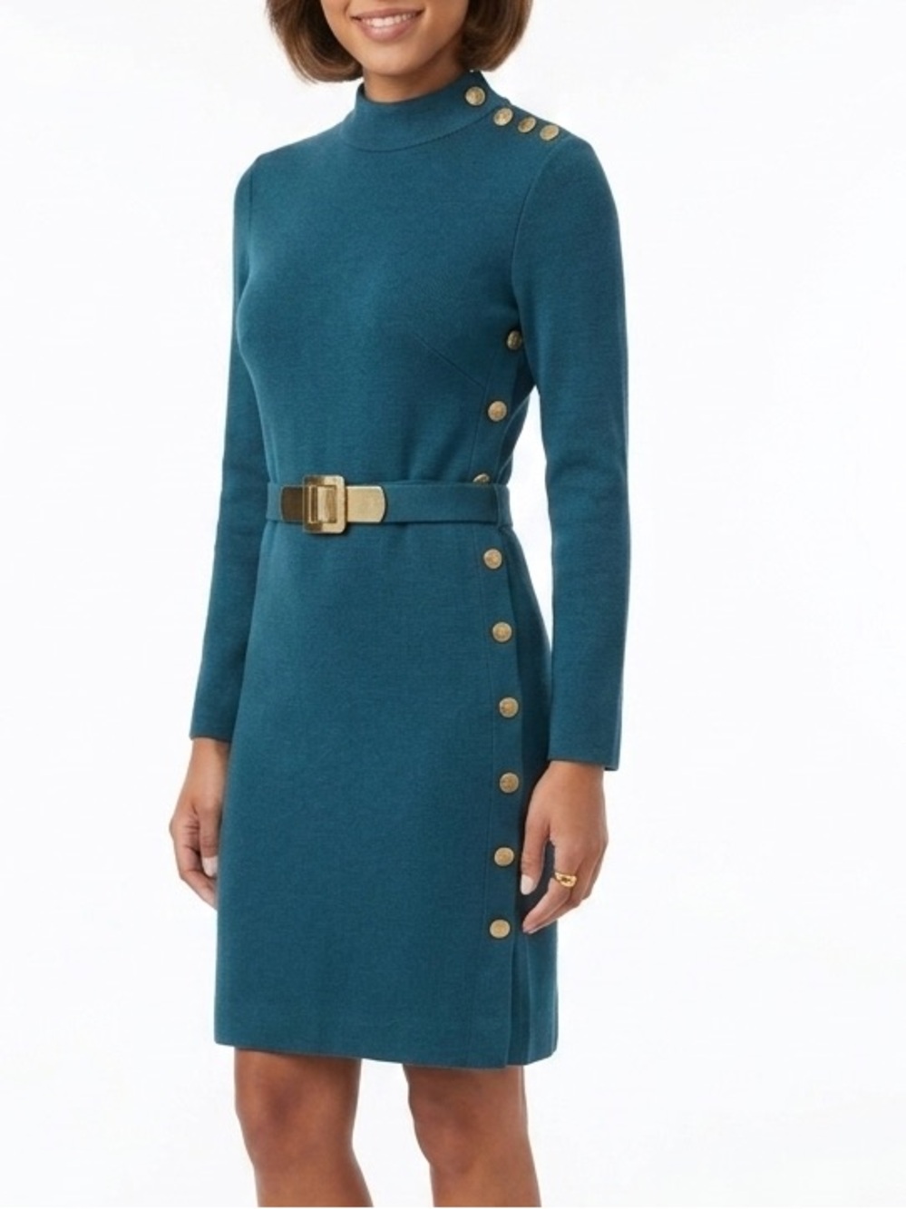 Vintage Milly of New York Teal Knit Sheath Dress Button Side Belted Sz M